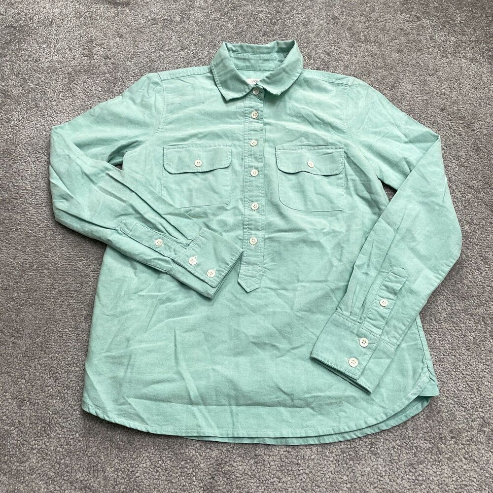 J.Crew Popover Shirt Womens 00 Aqua Blue Half Button Long Sleeve Cotton Casual